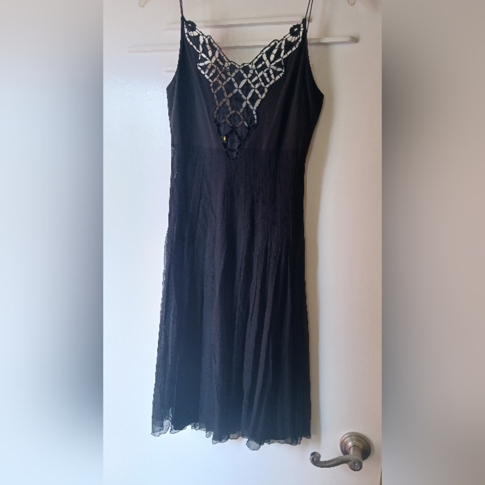Catherine Malandrino Silk Black Summer Dress Lace Pleats